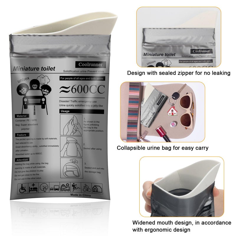 Coolrunner Disposable Urine Bags, Camping Pee Bags for Men Women, Disposable Urinals Vomit Bags for Travel Urinal Toilet Traffic Jam Emergency Portable Toilet for Kids, Patient (Grey-20p) - Image 4