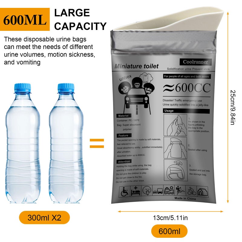Coolrunner Disposable Urine Bags, Camping Pee Bags for Men Women, Disposable Urinals Vomit Bags for Travel Urinal Toilet Traffic Jam Emergency Portable Toilet for Kids, Patient (Grey-20p) - Image 2