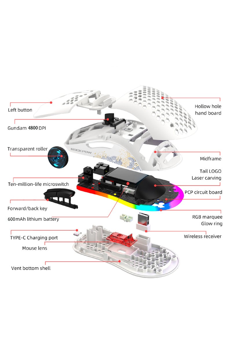 Rock Pow Wireless Gaming Mouse Honeycomb Ultralight 6 Programmable Buttons Adjustable 4800 DPI Ergonomic Wireless Mouse RGB Backlight High-Precision Optical Sensor Rechargeable Gaming Mice Mouse for Laptop Computer PC MAC  - Image 2