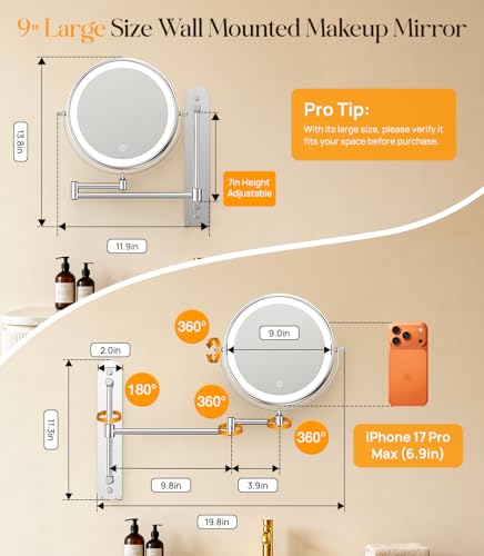 Gospire 9” Wall Mounted Makeup Mirror with Magnification 10X, 7in Height Adjustable Vanity Lighted Mirrors for Bathroom Wall, 360° Extended Arm Shaving Wall Mirror with Lights - Chrome - Image 3