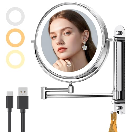 Gospire 9” Wall Mounted Makeup Mirror with Magnification 10X, 7in Height Adjustable Vanity Lighted Mirrors for Bathroom Wall, 360° Extended Arm Shaving Wall Mirror with Lights - Chrome - Image 1