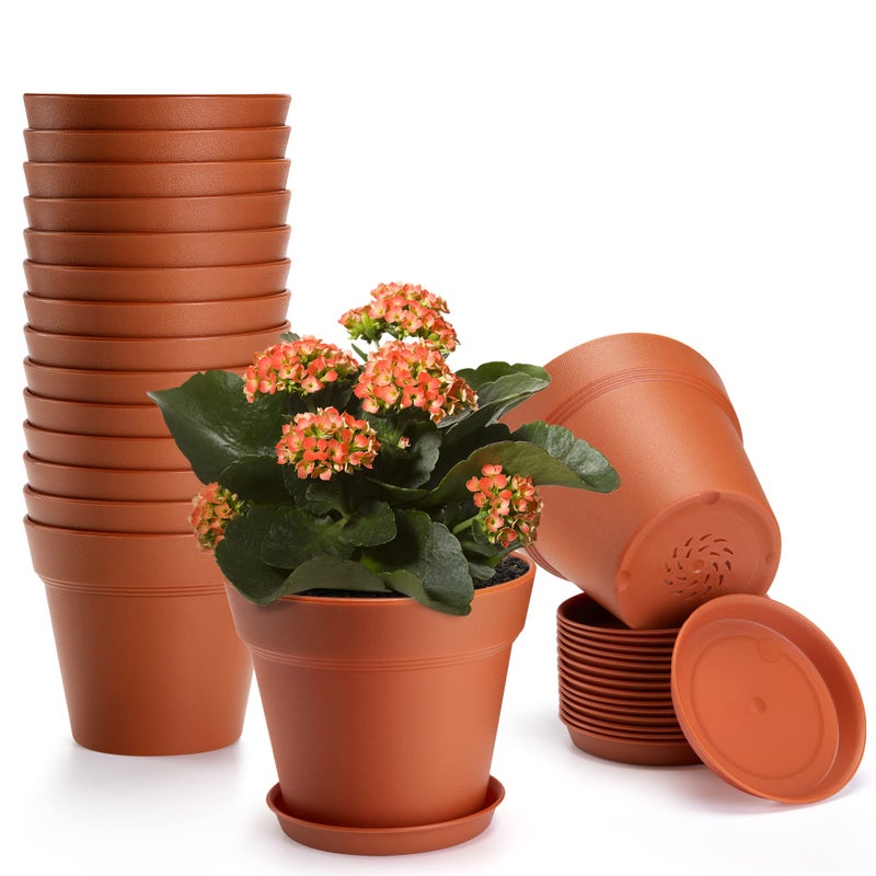 FHWTY 4 inch Plant Pots 16 Pack, Small Plant Pots with Drainage Holes and Tray, Thickened Indoor Planters Seedlings Pots for Flowers, African Violet, Succulent and All House Plants, Terracotta - Image 1