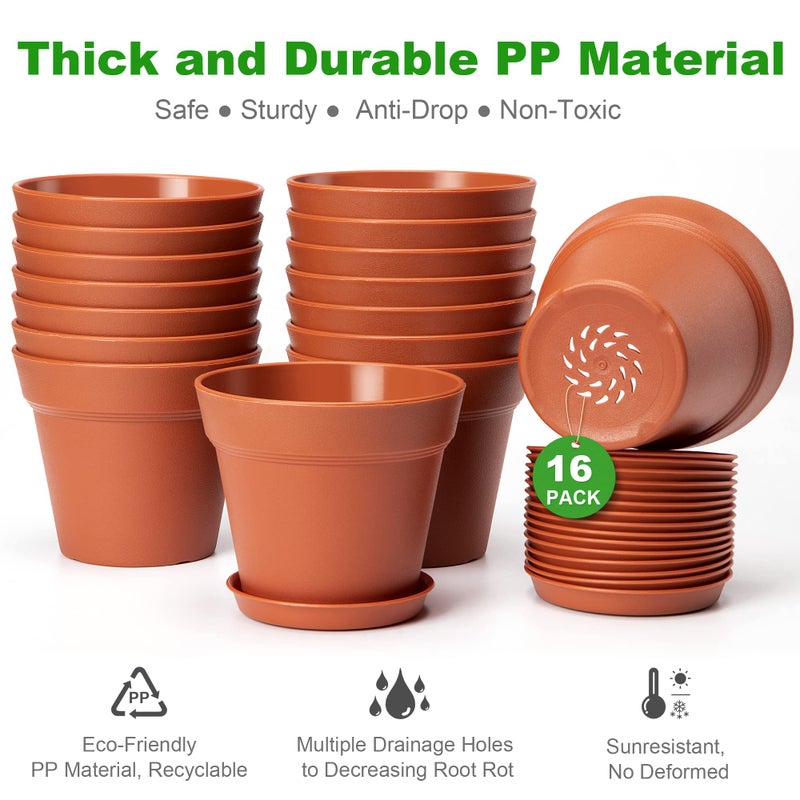 FHWTY 4 inch Plant Pots 16 Pack, Small Plant Pots with Drainage Holes and Tray, Thickened Indoor Planters Seedlings Pots for Flowers, African Violet, Succulent and All House Plants, Terracotta - Image 4