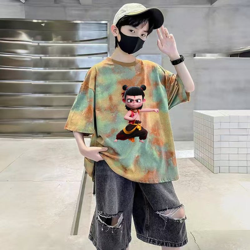 Tie-Dyed Cotton T-Shirt Boys Short-Sleeved Summer Cartoon Style Top Loose Korean Style Summer Wear Children'S Wear - Image 5
