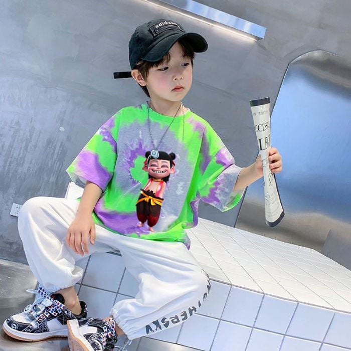 Tie-Dyed Cotton T-Shirt Boys Short-Sleeved Summer Cartoon Style Top Loose Korean Style Summer Wear Children'S Wear - Image 1