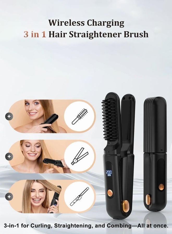 Hanayo Cordless Straightening Brush 3-in-1 Wireless Hair Straightener 3-Speed Up to 200°C Flat Curling Iron Adjustable Temperature for Long Short Curly Thick Hair(Black) - Image 4