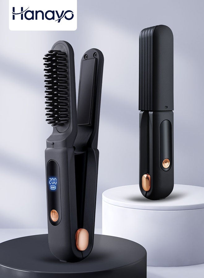 Hanayo Cordless Straightening Brush 3-in-1 Wireless Hair Straightener 3-Speed Up to 200°C Flat Curling Iron Adjustable Temperature for Long Short Curly Thick Hair(Black) - Image 1