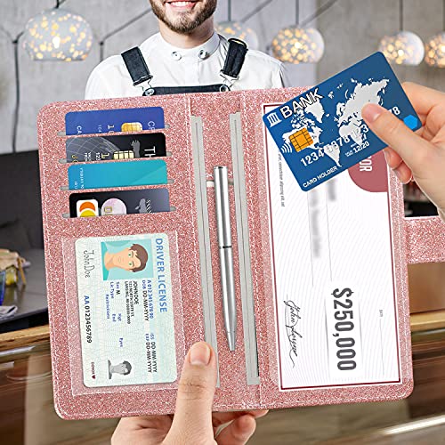 ACdream Checkbook Cover, Leather RFID Blocking Check Book Wallet, Protective Premium Business and Personal Duplicate Checks Holder, with Credit Card Slots for Women Men, Glitter Rose - Image 2