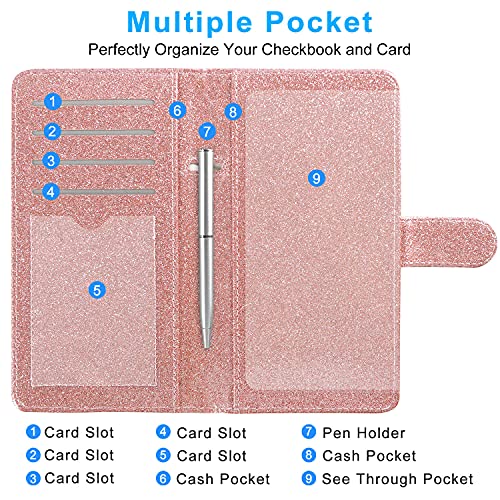 ACdream Checkbook Cover, Leather RFID Blocking Check Book Wallet, Protective Premium Business and Personal Duplicate Checks Holder, with Credit Card Slots for Women Men, Glitter Rose - Image 4