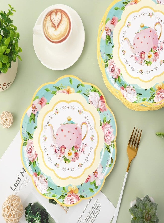 Whaline Floral Vintage Paper Plates 9 Inch Tea Party Plates Teapot Flower Disposable Plates for Spring Summer Birthday Wedding Baby Bride Shower Tableware Supplies 40Pcs - Image 5