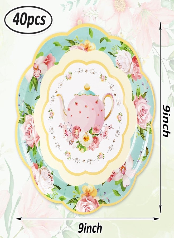 Whaline Floral Vintage Paper Plates 9 Inch Tea Party Plates Teapot Flower Disposable Plates for Spring Summer Birthday Wedding Baby Bride Shower Tableware Supplies 40Pcs - Image 2