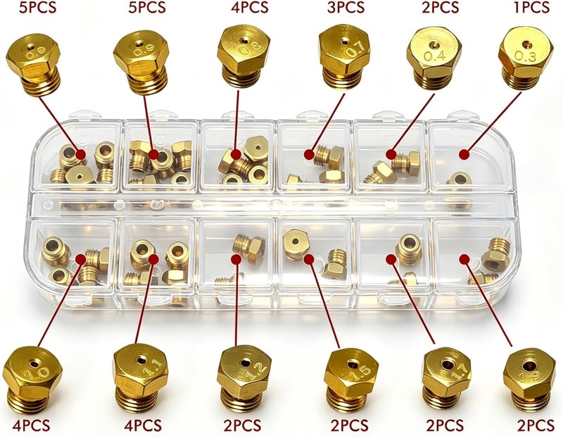 MCAMPAS مجموعة تحويل غاز البترول السائل (LP Gas Conversion Kit) مكونة من 36 قطعة، مناسبة للمواقد والأفران، تحتوي على فوهات نحاسية لغاز البروبان والغاز الطبيعي بأقطار تتراوح بين 0.3 مم و1.9 مم، وموصلات من نوع M6x0.75 مم. متوافقة مع أجهزة Frigidaire وKenmore وElectrolux. - Image 2
