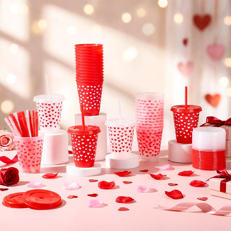 Layhit 30 Pcs Valentine's Day Gifts 16 oz Plastic Tumblers with Lid and Straw Colorful Heart Reusable Cups for Anniversary Wedding Party Supplies Favors Hot Cocoa Party Supplies (Red and Transparent) - Image 4