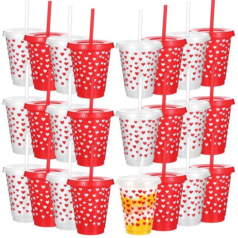 Layhit 30 Pcs Valentine's Day Gifts 16 oz Plastic Tumblers with Lid and Straw Colorful Heart Reusable Cups for Anniversary Wedding Party Supplies Favors Hot Cocoa Party Supplies (Red and Transparent) - Image 1