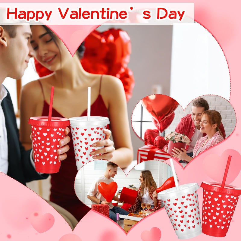 Layhit 30 Pcs Valentine's Day Gifts 16 oz Plastic Tumblers with Lid and Straw Colorful Heart Reusable Cups for Anniversary Wedding Party Supplies Favors Hot Cocoa Party Supplies (Red and Transparent) - Image 5