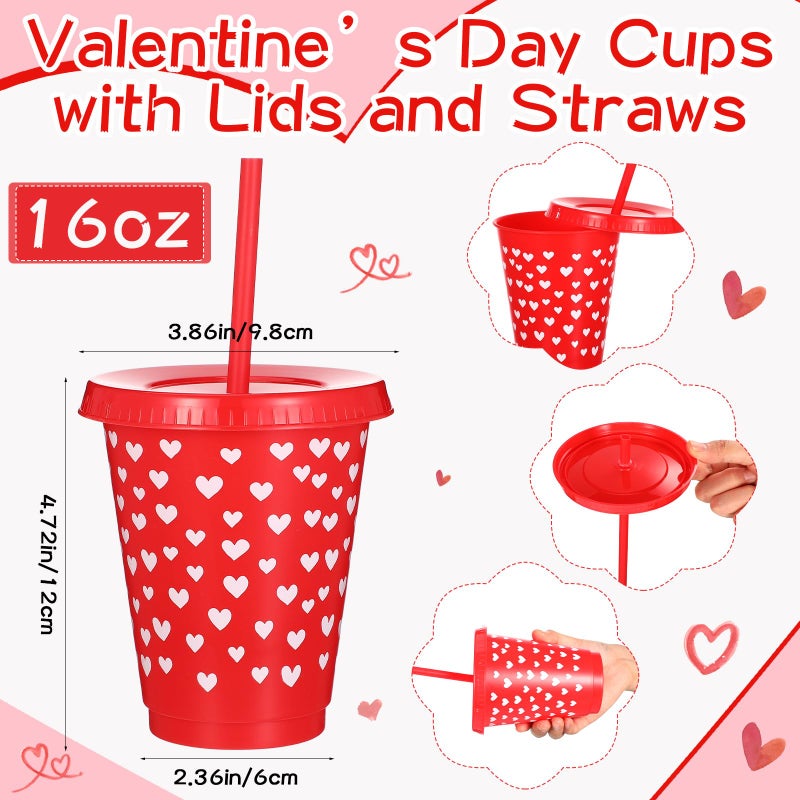 Layhit 30 Pcs Valentine's Day Gifts 16 oz Plastic Tumblers with Lid and Straw Colorful Heart Reusable Cups for Anniversary Wedding Party Supplies Favors Hot Cocoa Party Supplies (Red and Transparent) - Image 2