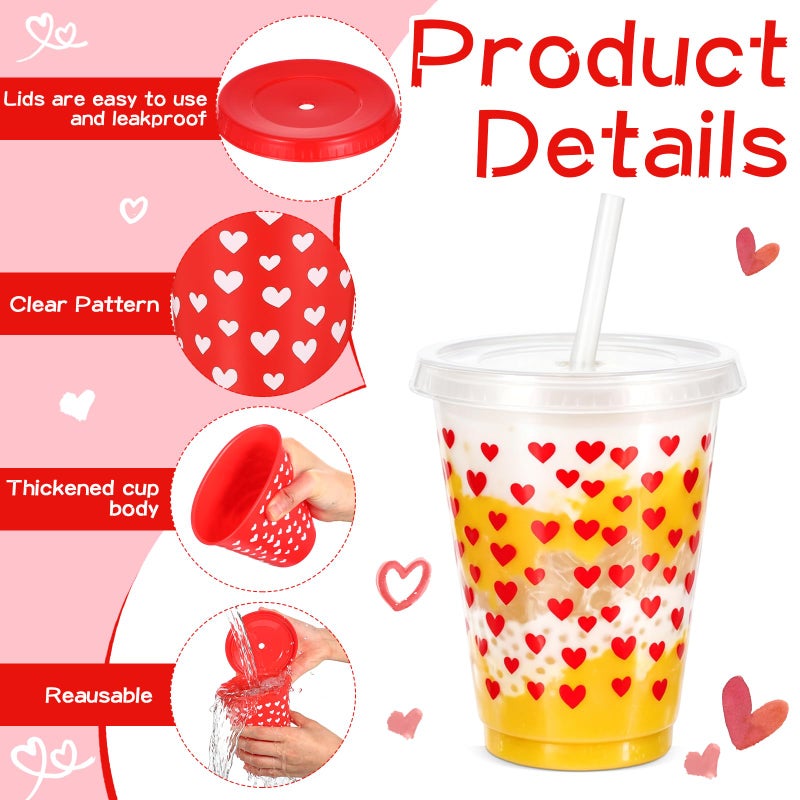Layhit 30 Pcs Valentine's Day Gifts 16 oz Plastic Tumblers with Lid and Straw Colorful Heart Reusable Cups for Anniversary Wedding Party Supplies Favors Hot Cocoa Party Supplies (Red and Transparent) - Image 3