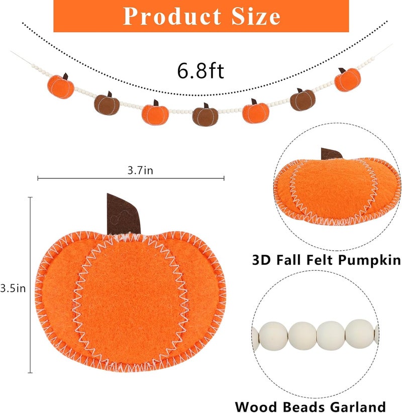 DAZONGE Thanksgiving Decorations for Home, Felt Pumpkin Bead Garland for and Wood Bead for Thanksgiving Decor, Fall Banner for Mantle Wall Decor - Image 3