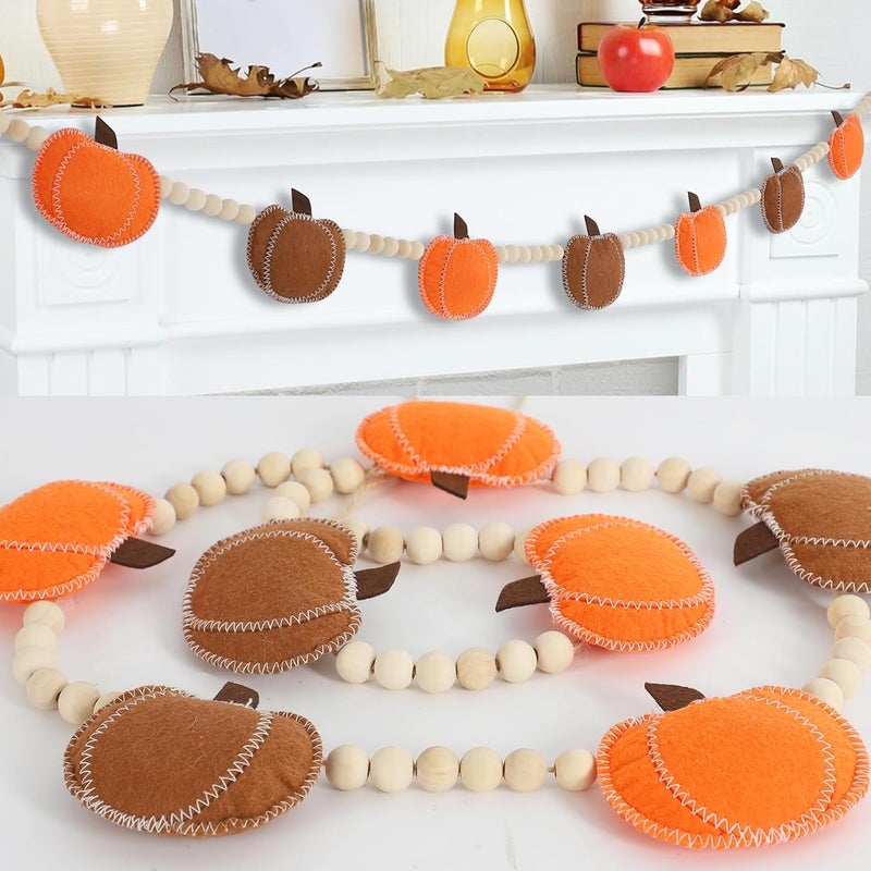 DAZONGE Thanksgiving Decorations for Home, Felt Pumpkin Bead Garland for and Wood Bead for Thanksgiving Decor, Fall Banner for Mantle Wall Decor - Image 1