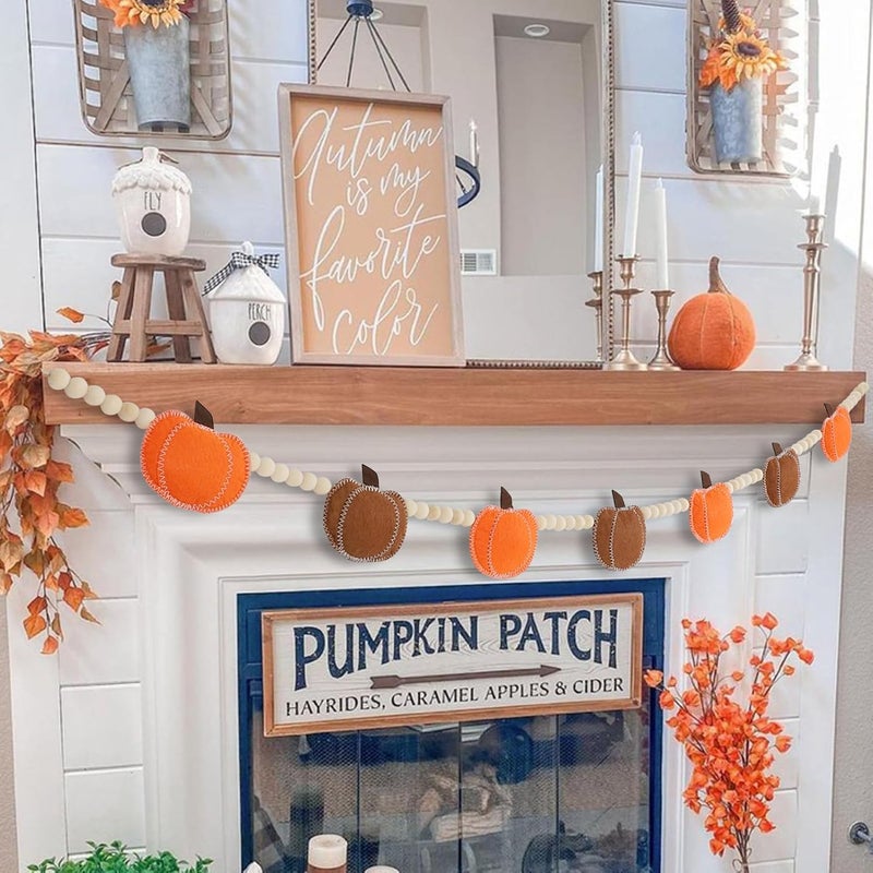 DAZONGE Thanksgiving Decorations for Home, Felt Pumpkin Bead Garland for and Wood Bead for Thanksgiving Decor, Fall Banner for Mantle Wall Decor - Image 5
