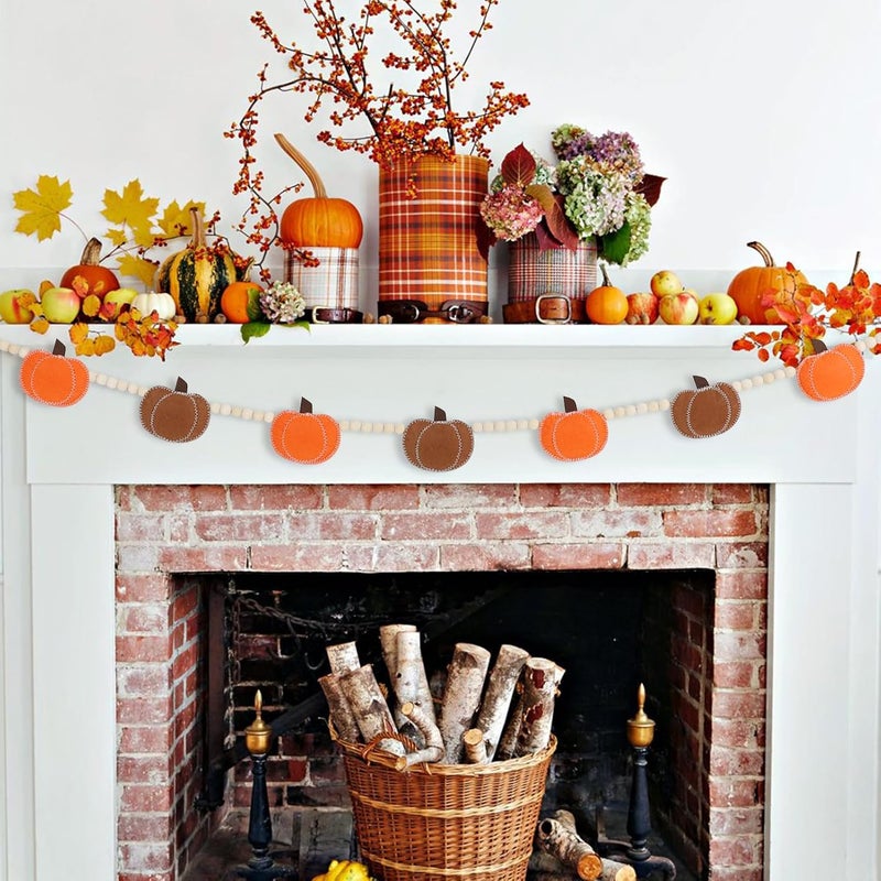 DAZONGE Thanksgiving Decorations for Home, Felt Pumpkin Bead Garland for and Wood Bead for Thanksgiving Decor, Fall Banner for Mantle Wall Decor - Image 2