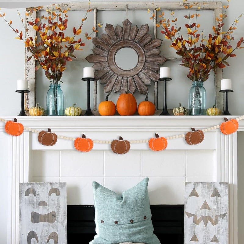 DAZONGE Thanksgiving Decorations for Home, Felt Pumpkin Bead Garland for and Wood Bead for Thanksgiving Decor, Fall Banner for Mantle Wall Decor - Image 4