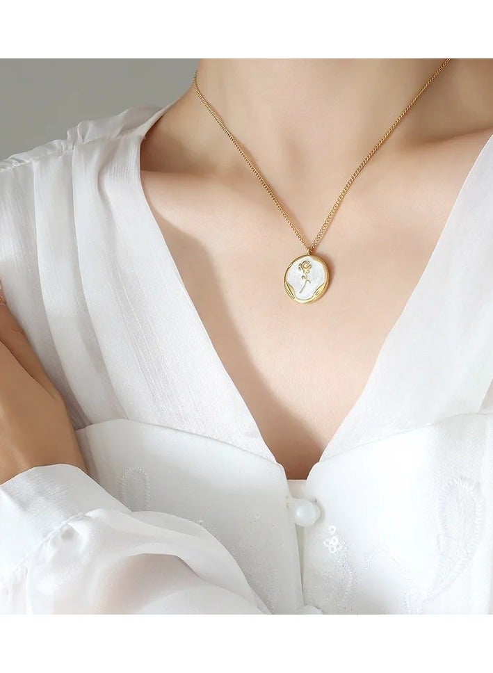 The Black Pearl Accessories Stainless Steel Golden Necklace with a Rose Pendant White - Image 2