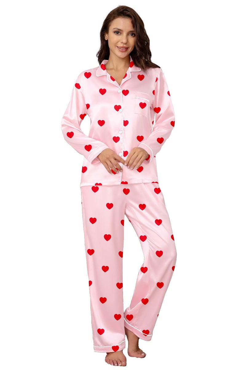 Schbbbta Silk Pajamas for Girls Satin Long Sleeve Button Down PJ Set Two-Piece Sleepwear for Kids, Red Heart Pink, 13-14 Years - Image 5