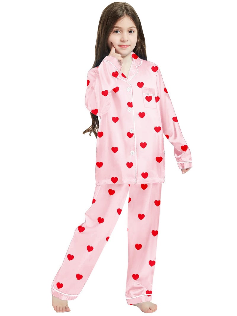 Schbbbta Silk Pajamas for Girls Satin Long Sleeve Button Down PJ Set Two-Piece Sleepwear for Kids, Red Heart Pink, 13-14 Years - Image 2