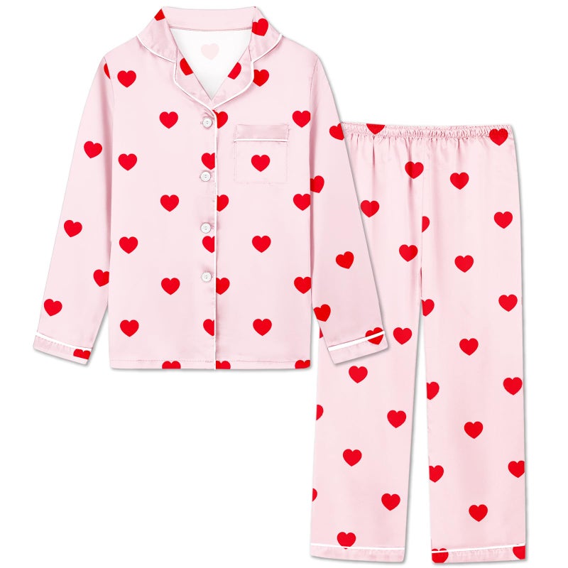 Schbbbta Silk Pajamas for Girls Satin Long Sleeve Button Down PJ Set Two-Piece Sleepwear for Kids, Red Heart Pink, 13-14 Years - Image 1