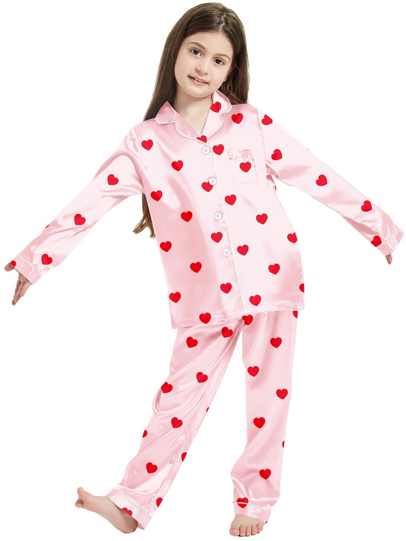 Schbbbta Silk Pajamas for Girls Satin Long Sleeve Button Down PJ Set Two-Piece Sleepwear for Kids, Red Heart Pink, 13-14 Years - Image 4