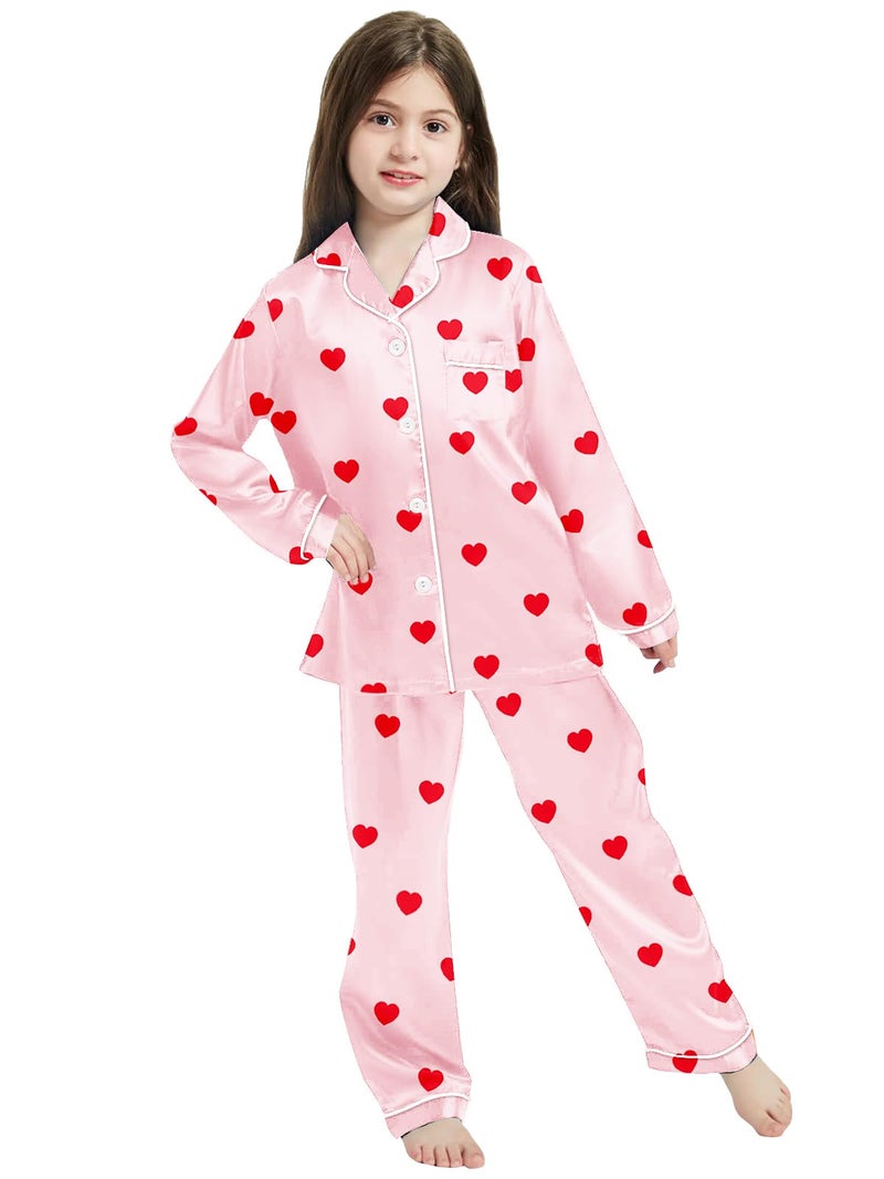 Schbbbta Silk Pajamas for Girls Satin Long Sleeve Button Down PJ Set Two-Piece Sleepwear for Kids, Red Heart Pink, 13-14 Years - Image 3
