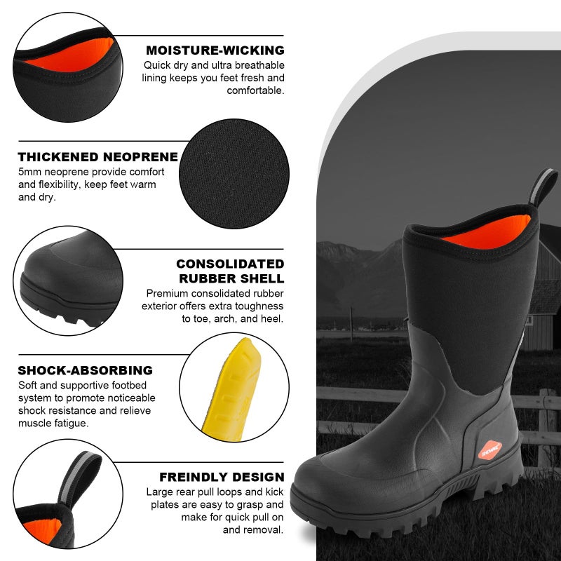Showave Men's Mid Calf Rubber Work Boots Waterproof Rain Boot Insulated Mud Boots with Comfortable Sports Soles(Black,Size 11) - Image 4