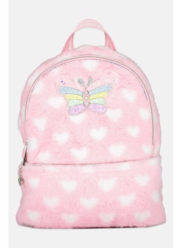 Kids Girl Butterfly Heart Print Faux Fur Backpack 25 H x 23 L x 8 W cm, Pink