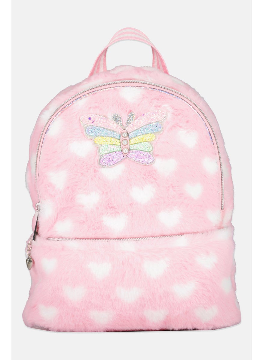 OMG Accessories - Kids Girl Butterfly Heart Print Faux Fur Backpack 25 H x 23 L x 8 W cm, Pink - Image 1