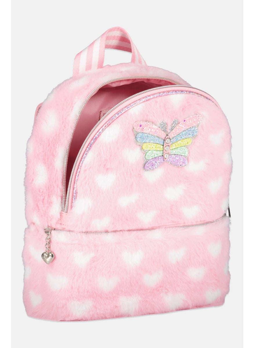 OMG Accessories - Kids Girl Butterfly Heart Print Faux Fur Backpack 25 H x 23 L x 8 W cm, Pink - Image 1