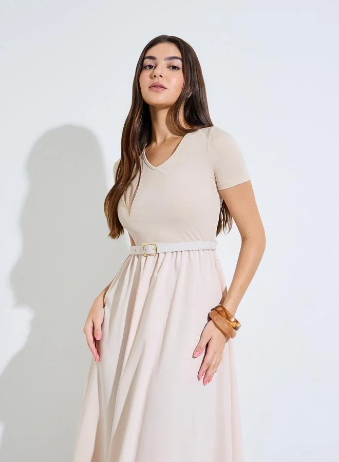 Styli Cream Cut-Work A-Line Maxi Dress with Buckle Belt