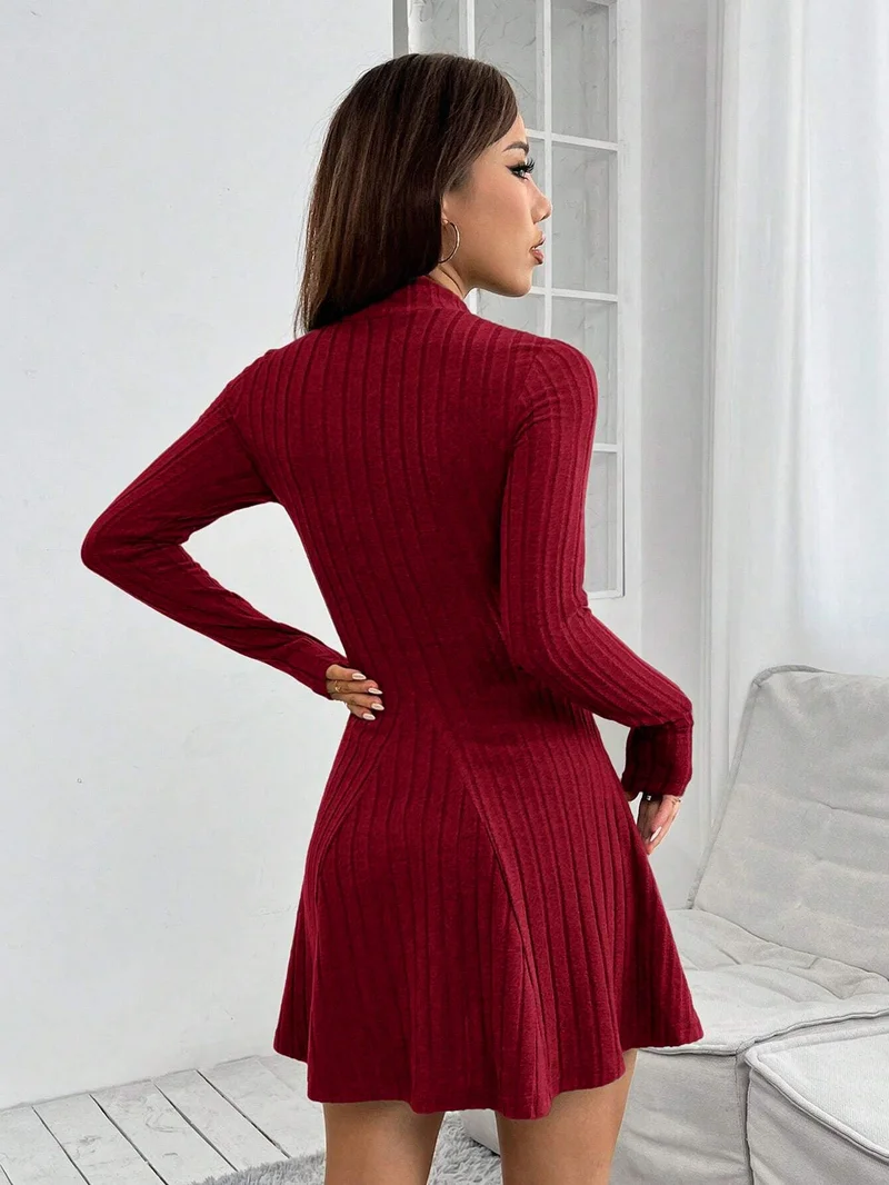 Outzidr  Burgundy High Neck Wide Spaced Rib Dress for Women | Best Price UAE