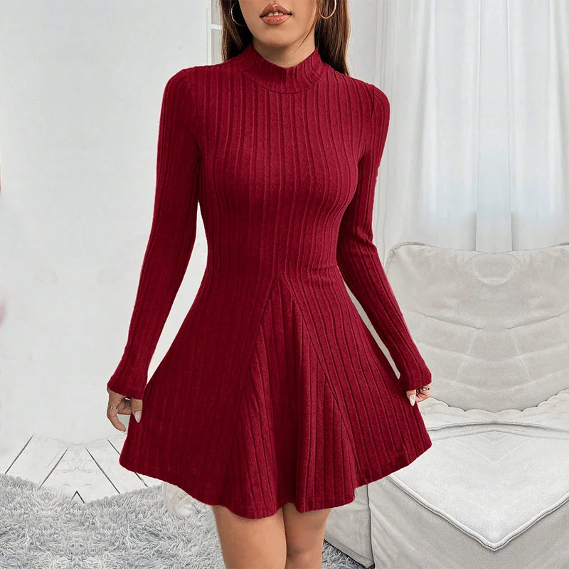 Outzidr  Burgundy High Neck Wide Spaced Rib Dress for Women | Best Price UAE
