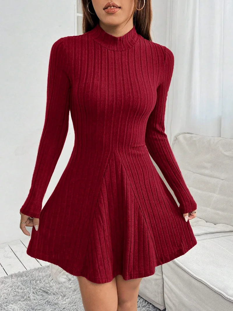 Outzidr  Burgundy High Neck Wide Spaced Rib Dress for Women | Best Price UAE