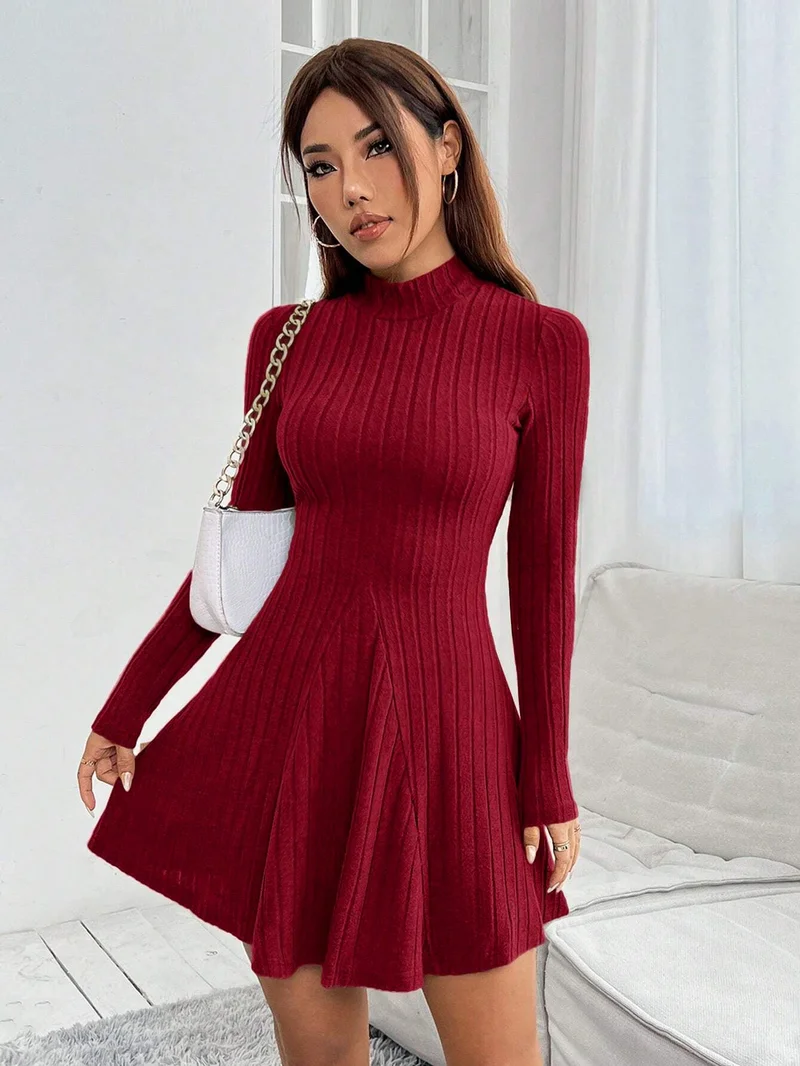 أوجيدر Burgundy High Neck Wide Spaced Rib Dress