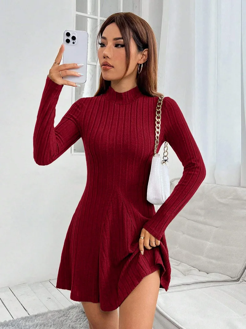 أوجيدر Burgundy High Neck Wide Spaced Rib Dress