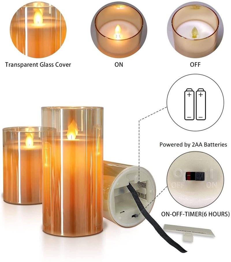 LTETTES LED Glass Cup Pillar Candle | Real Wax | Amber Glass | Flameless Flickering Wick | Battery Operated | Remote Controlled | Home Decor | 6" Height x 3" Dia (Amber) - Image 5