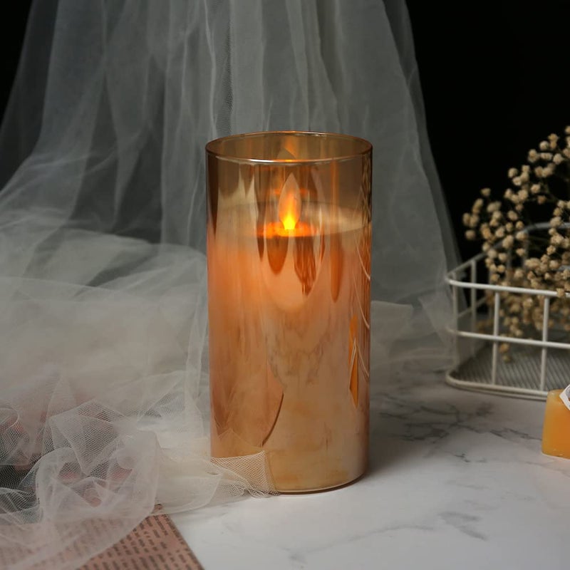 LTETTES LED Glass Cup Pillar Candle | Real Wax | Amber Glass | Flameless Flickering Wick | Battery Operated | Remote Controlled | Home Decor | 6" Height x 3" Dia (Amber) - Image 2