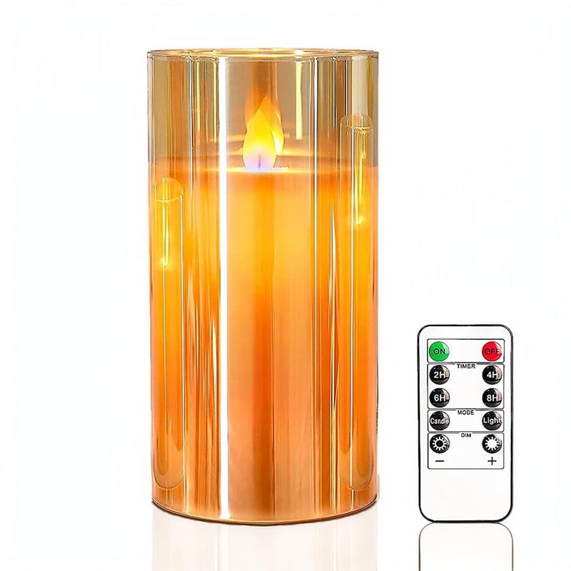 LTETTES LED Glass Cup Pillar Candle | Real Wax | Amber Glass | Flameless Flickering Wick | Battery Operated | Remote Controlled | Home Decor | 6" Height x 3" Dia (Amber) - Image 1