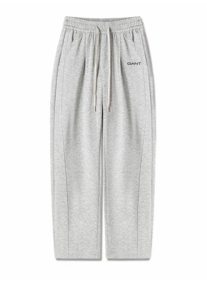 GANT Unisex Loose Wide Leg Casual Sweatpants, Elastic Waist Drawstring Trousers, Light Heather Grey - Image 3