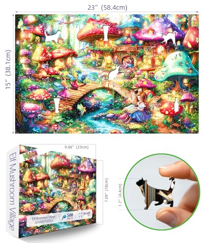 MINIWAN Fairy Tale Mushroom Village 500 Piece Puzzle for Adults Fun Puzzles for Adults 500 Pieces with HD Print Poster 23 X 15 Dust Free for Gifts Halloween Christmas Family Lovers - Image 5
