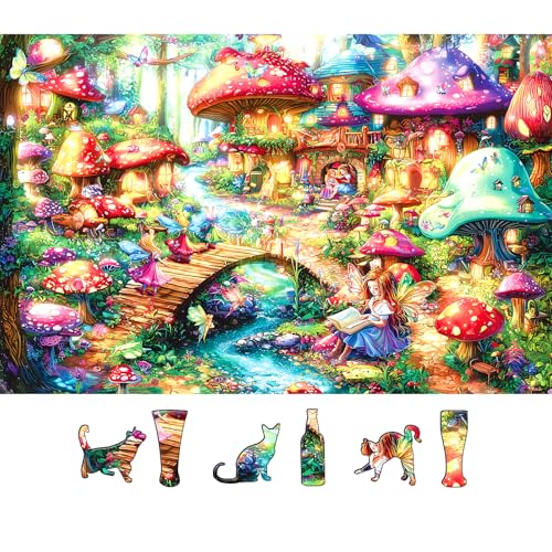 MINIWAN Fairy Tale Mushroom Village 500 Piece Puzzle for Adults Fun Puzzles for Adults 500 Pieces with HD Print Poster 23 X 15 Dust Free for Gifts Halloween Christmas Family Lovers - Image 1