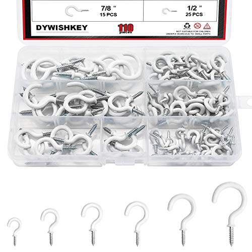 DYWISHKEY Cup Hooks Kit, 110PCS 6 Sizes, Vinyl Coated Ceiling Hooks Holder for Home, Office and Workplace, White (1/2", 5/8", 3/4", 7/8", 1", 1-1/4") - Image 1