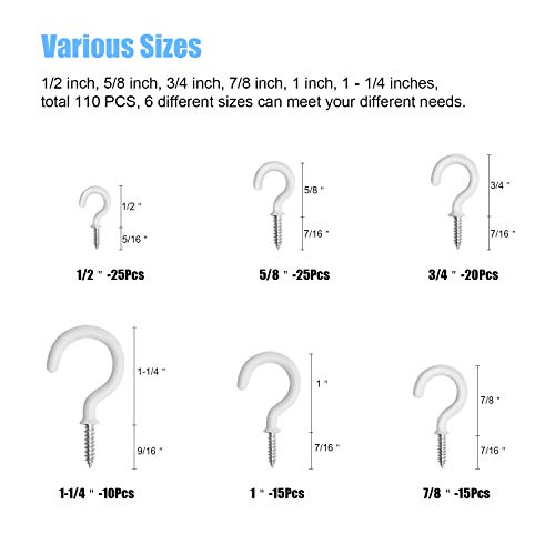 DYWISHKEY Cup Hooks Kit, 110PCS 6 Sizes, Vinyl Coated Ceiling Hooks Holder for Home, Office and Workplace, White (1/2", 5/8", 3/4", 7/8", 1", 1-1/4") - Image 2